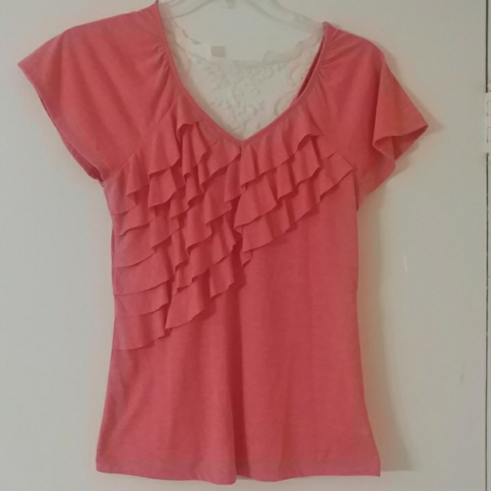 Maurices Coral Ruffles & Lace Back Top M